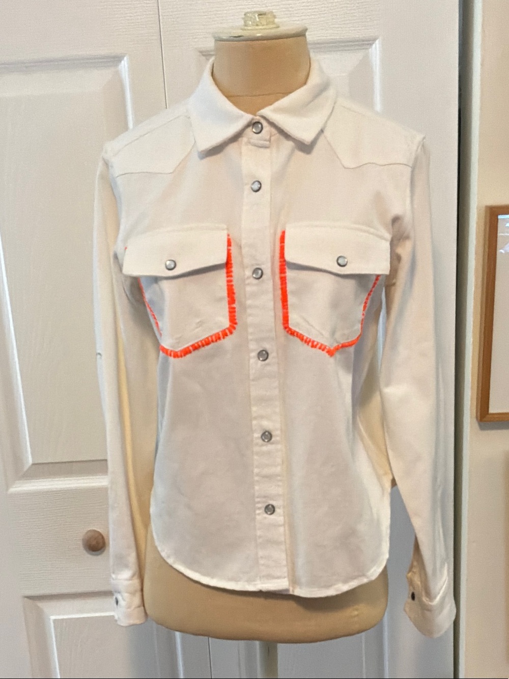 Kerri Rosenthal Women's White Jean Jacket with Neon Orange Trim